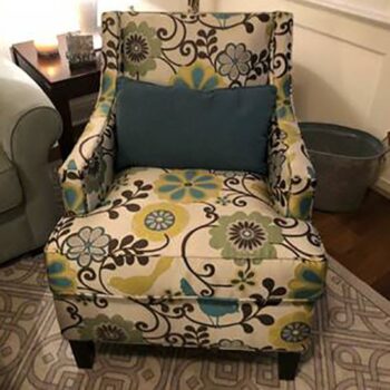 couch partridge club chair floral pattern white fabric wood legs lounge rental