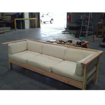 craft sofa tan cushions wood lounge upholstery rental