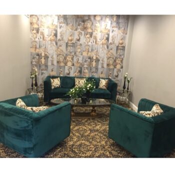 pleated emerald sofa lounge upholstery rental