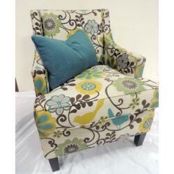 partridge couch club chair floral pattern white fabric wood legs lounge rental