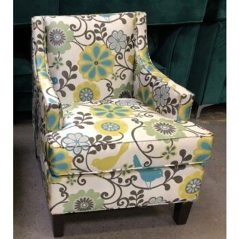 partridge club chair floral pattern white fabric wood legs lounge rental couch