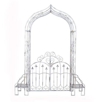 Fleu de Lis Chuppah arch iron metal gate benches rent