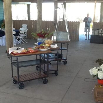 wood metal wheels industrial bar cart rental