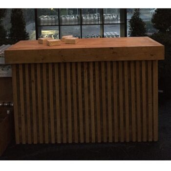 wood slat bar dark shelf rental