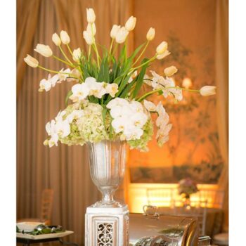 tulip urn pedestal aluminum matte white silver vessel metal flowers rental