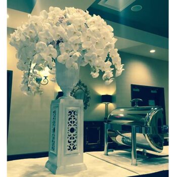 tulip urn pedestal aluminum matte white silver vessel metal flowers rental