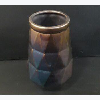 calico vase ceramic vessel purple blue opal bronze flowers rental