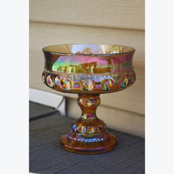 footed bowl vintage carnival gold marigold blue amber iridescent straight rim carnival kings cup glass vessel rental