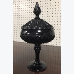 Black Onyx Glass Diamond Point Glass Pedestal Bowl w lid compote candy dish vessel rental