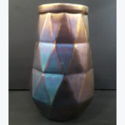 calico vase ceramic vessel purple blue opal bronze flowers rental