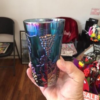 collins carnival glass tumbler blue iridescent drinking glass vessel flowers rental