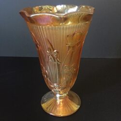 vase marigold gold amber clear floral flower patterns wave rims footed clear glass rental vessel