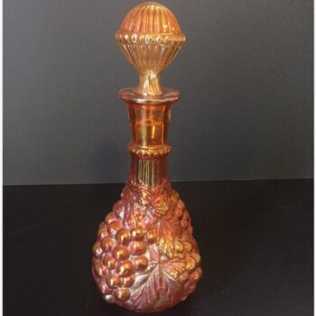 wine decanter marigold gold amber pink iridescent crackle bubbles vintage carnival glass vessel rental