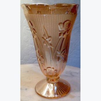 vase marigold gold amber clear floral flower patterns wave rims footed clear glass rental vessel