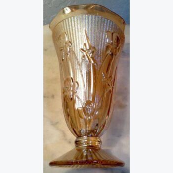 vase marigold gold amber clear floral flower patterns wave rims footed clear glass rental vessel