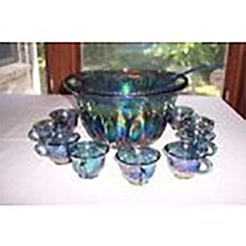 blue fruit punch bowl grape harvest pattern glass vessel rental