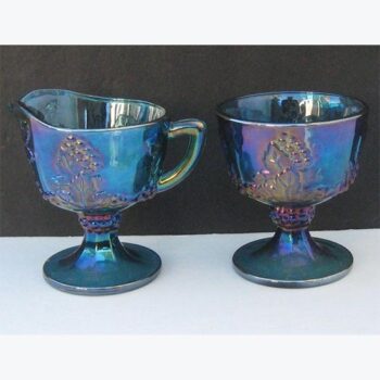 sugar bowl blue purple handle iridescent heritage vintage glass vessel rental