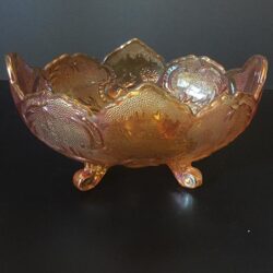 bowl footed knobs diamond rim marigold gold amber iridescent vintage carnival glass vessel rental