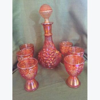 wine decanter marigold gold amber pink iridescent crackle bubbles vintage carnival glass vessel rental