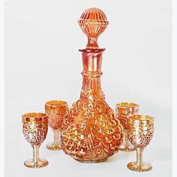 wine decanter marigold gold amber pink iridescent crackle bubbles vintage carnival glass vessel rental