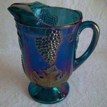 pitcher grape harvest pattern carnival glass blue iridescent glass vessel rental