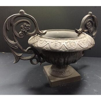 scroll handle urn cast iron vessel metal flowers rental