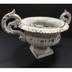 scroll handle urn cast iron vessel metal flowers rental