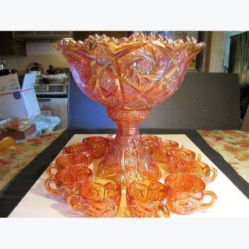 punch bowl marigold gold carnival iridescent footed diamond rim glass vessel rental