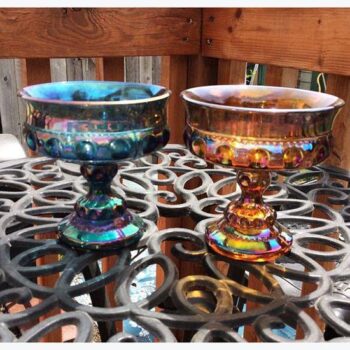 footed bowl vintage carnival gold marigold blue amber iridescent straight rim carnival kings cup glass vessel rental