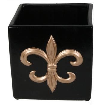 Square black vase with a fleur de lis