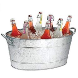 Galvanized metal bucket holding ice and bottles