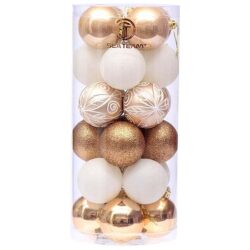 gold and pearl Christmas ornaments in a tube