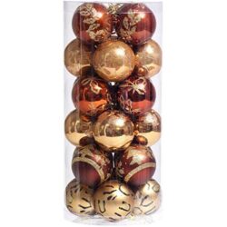 Red and bronze ball ornaments in a tube